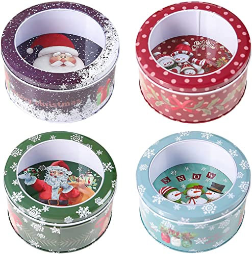 SIQI 4 Stk. Weihnachten Weißblech Leere Dose Weihnachten Weißblech Box mit Fenster Runde Pralinenschachtel 7x14cm Weihnachtsplätzchen Geschenkdosen Schneemann Weihnachtsmann Kleine Metalldose für Keks