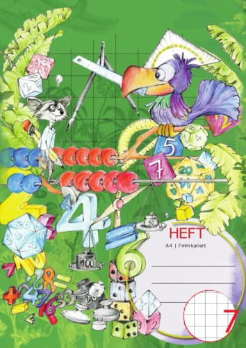 DIN A4 Heft | Lineatur 7 | 7mm kariert | 64 Seiten | mit Tieren & Material aus dem Mathematikunterricht: als Schulheft / Notizheft / Notizbuch / ... und Klasse 1 und Klasse 2 der Grundschule