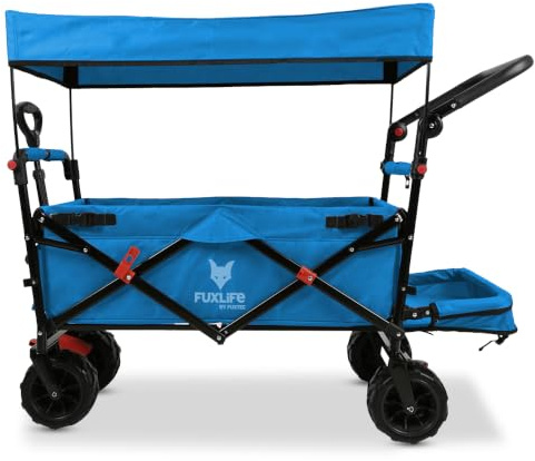 FUXLIFE • Chariot de Plage Pliable • FX-CTB800 • Bleu • Roues Larges 10 cm • Chariot Familial Tout Terrain • capacité 75 kg • Toit Amovible • 2 sièges avec Ceintures • Pliage Compact très Facile