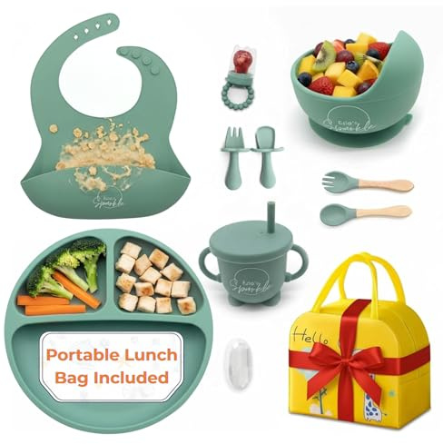 12 Pcs Silicone Baby Weaning Set with Portable Lunch Bag – BPA-Free Strong Suction Divided Plate, Bowl, Sippy Cup, Baby Spoon, Fork, Bib w/Catcher–Microwave & Dishwasher Safe Baby Plates and Bowls Set