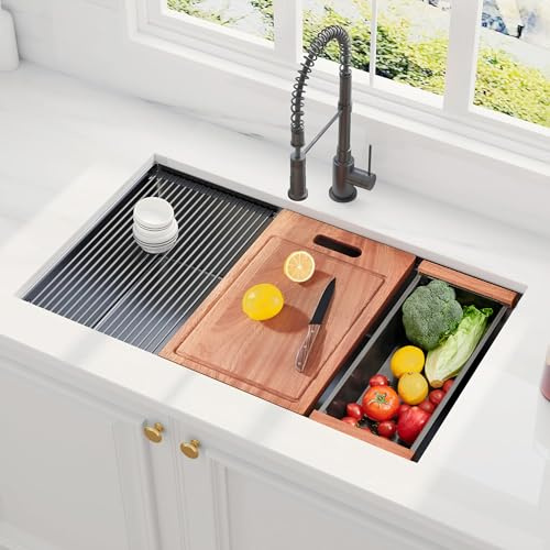 Hausinluck 30 inch Black Undermount Kitchen Sink, Stainless Steel Undermount Workstation Sink 16 Gauge Handmade Single Bowl Kitchen Sinks R10 Round Corner with Ledge and Accessories (Pack of 5)