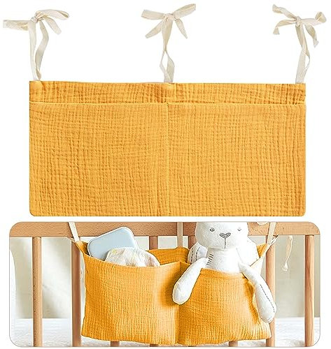 Babybett Organizer, Kinderzimmer Hängender Bett Organizer mit 2 Taschen, Organizer Beistellbett Baby, Betttasche Spielzeugtasche, Aufbewahrungstaschen für Betten, für Windeln Kleidung Spielzeug (Gelb)