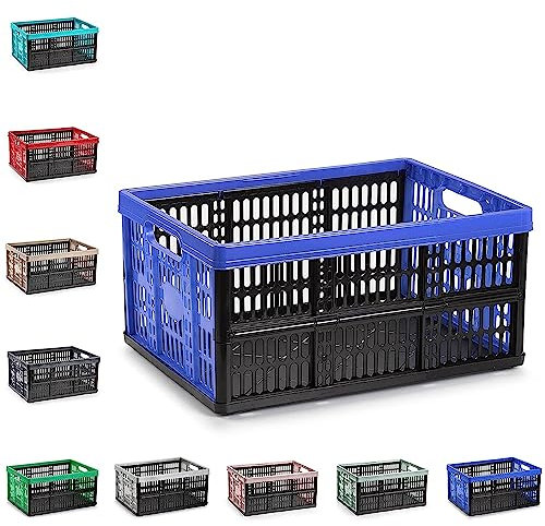 plastific Multi-Purpose Strong Folding Collapsible Plastic Storage Boxes Crates Portable Stackable Container Basket for Home Office Garage Tools, Soft-Touch Handles (Black & Blue - 32L)
