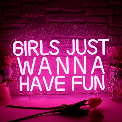 Girls Just Wanna Have Fun Neon Sign for Wall Decor, Retro Style Pink LED Neon Signs, Wedding Party Girl Neon Light Sign,USB Powered for Teen Bedroom Aesthetic Wedding Party Christmas Birthday