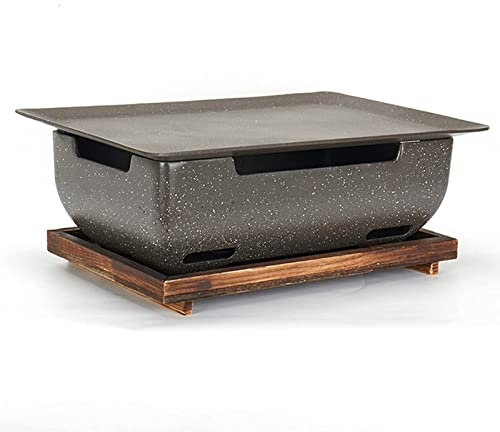 Barbecue Multifonctionnel en Fonte, Barbecue à Alcool, Barbecue à Charbon de Table de Style coréen Domestique/Commercial avec poêles antiadhésives et Base en Bois, poêle