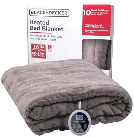 BLACK+DECKER Heated Blanket Electric Twin, Micro Plush Electric Blanket, Heating Blanket with 10 Heating Levels, 10H Timer, Auto Shutoff, Fast Heating (84x90 inches, Grey)