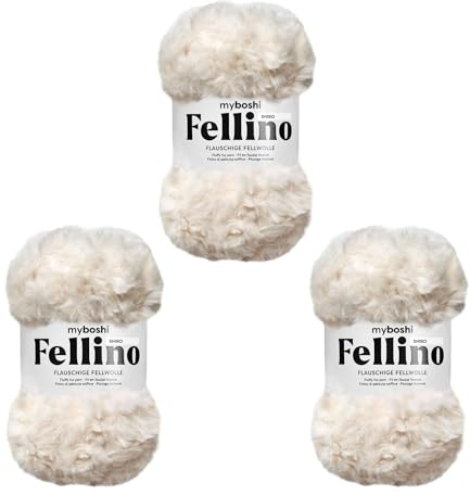 myboshi Fellino, flauschige Fellwolle, zum Häkeln und Stricken, Teddywolle in Felloptik, super bulky, 100g, Ll 65m Weiß (Shiro) 3 Knäuel