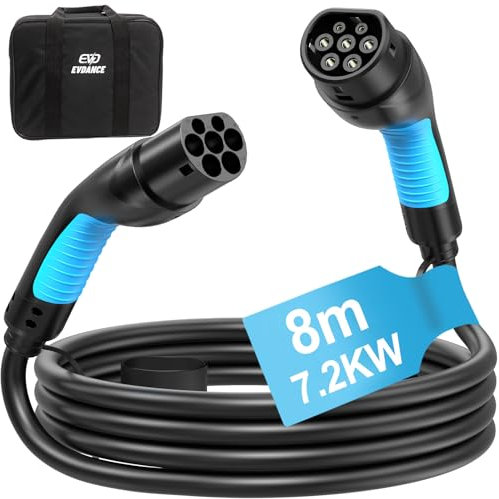 EVDANCE Type 2 EV Charging Cable, 32A | 7.2kW | 8m/26.24ft | 1 Phase | Type 2 to Type 2, Electric Vehicle Car Plug-in Fast Charging Cable for S/X/Y/3, 330e, i3, Kuga, Ionic, ZS, Kona & More