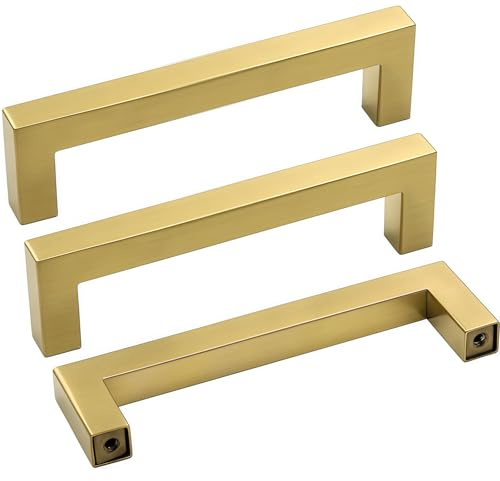 Goldenwarm 5 Pack Gold Kitchen Cabinet Handle, Brass Kitchen Handle 96mm Hole Centers