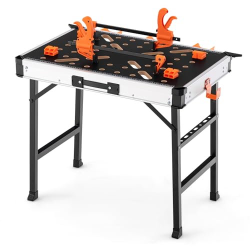 GOPLUS Banco de trabajo plegable, mesa regulable en altura con capacidad de 454 kg, 2 abrazaderas rápidas, 4 ganchos de sujeción y 3 cajas de herramientas, multifuncional