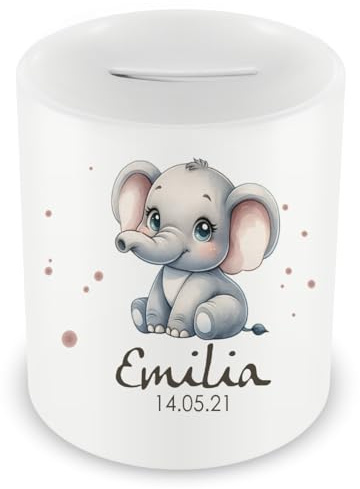 Samunshi® Kinder Spardose mit Namen und Baby Elefant als Motiv für Kinder - Jungen und Mädchen Sparschwein 330ml weiß