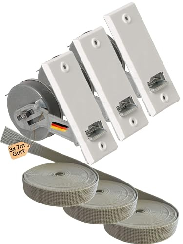Rollwin 3 enrolladores de correa para persiana empotrada, 105 mm, distancia entre orificios, con correa de 7 m y 23 mm, de Alemania, con enrollador de cinturón, color blanco