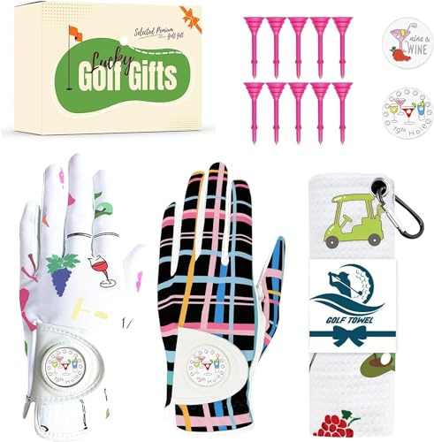 LOVMEAD Golf Handschuhe Frauen Linke Hand Leder mit Ball Marker Wert 2-Pack，Golf Damenhandschuhe Bedruckt mit gemischten Farben geeignet für weibliche Golf-Enthusiasten (Weiß+Schwarz, L)