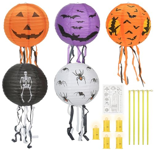 5 Stück LED Halloween Lampions, Kinderlaternen für Umzug, Kürbis Laterne, Accessoires für Kinder, Faltbare Papierlaterne für Home Party Deko