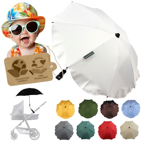 Parasol universal [sombrilla para cochecito] Protección UV 50+ con soporte universal, paraguas flexible para tubos redondos y ovalados ajustables, Blanco, 3 cm