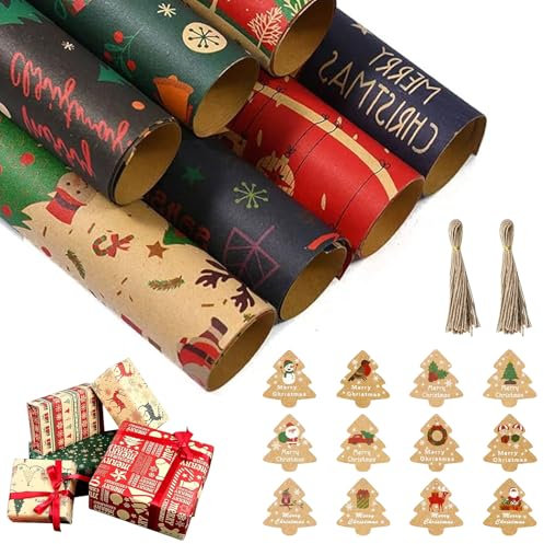 12 Rollen Kraft Geschenkpapier Weihnachten, Geschenkpapier mit Schnur und Anhängern Weihnachtspapier für Geschenkverpackung