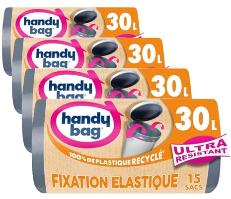 Handy Bag - Sacs poubelle fixation élastique 30L x 15 sacs - Maintient le sac en place - Ultra Résistant - Film triple épaisseur - Étanchéité maximale - 100% plastique recyclé (Lot de 4)