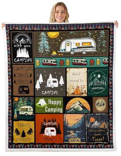 Loussiesd Camping Decke 130x150cm für Jungen Mädchen Camper Kuscheldecke Happy Camping Wohndecke Wohnmobil Couchdecke Camping Gadgets Wohnmobil Wohndecke Für Kinder Thema Wald Adventure