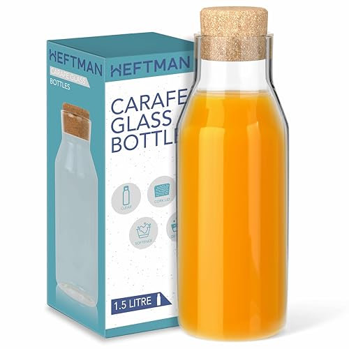 HEFTMAN Carafe Glass Bottle - 1.5 Litre Glass Bottle with Cork Lid, Clear Water Carafe for Hot & Cold Beverages, Reusable Fabric Softener Jars, Laundry Detergent Storage Jar with Stopper (1 Pack)