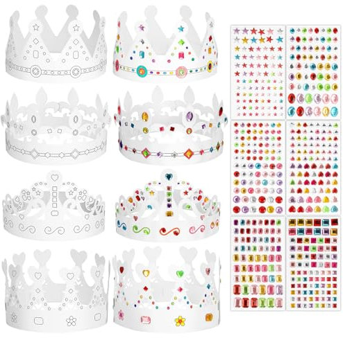 BOOMTOP 8pz Corona di Carta per Feste: Corone Dorate di Carta per Bambini con Strass Diamanti Adesivi per Decorazione Compleanno e Feste