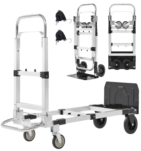 Upgraded 3 in 1 Aluminum Folding Hand Truck, 600lbs Capacity, Heavy Duty Convertible Dolly with Retractable Handle and 4 Rubber Wheels, Collapsible Cart for Moving Home, Office, Warehouse (Black)