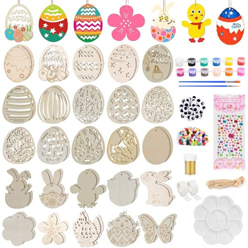Ostern Holzanhänger, 305 Stück Holzanhänger mit Pompons Pigmente Gold-Puder Strasssteine Pinsel, Osterhase Huhn Blumen Ostereier Holz DIY Basteln Kinder Ostern Deko Bastelset Frühling Osterdekoration