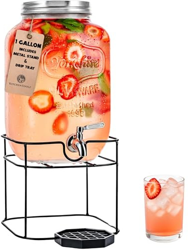 Gallon Glass Drink Dispenser with Stand for Parties – Stainless Steel Spigot, Metal Lid, and Drip Tray – Classic Mason Jar Lemonade Dispenser for Iced Tea, Kombucha, and More
