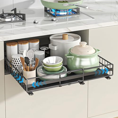 SeiriHelper Cajón telescópico, cajón de cocina extensible, inserto de cajón de reajuste, organizador de cocina y armario con tiras adhesivas, no requiere taladrar, (negro, 31-49/39/8 cm)