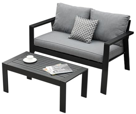 LANOX Aluminum Gartenmöbel Set Gartensofa 2 Sitzer mit Gartentisch 100x50 cm, Wetterfest Balkonmöbel Set für kleinen Balkon, Schwarz