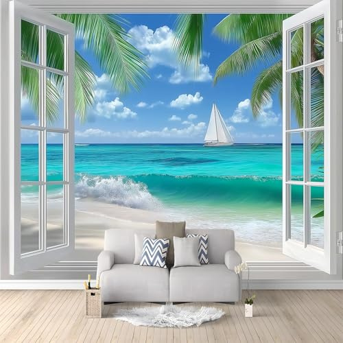 WHUOEUCO Papel Pintado 3D Ventana Con Vista Al Mar Y Cocoteros 250x175 cm Fotomurales Pared Tejido No Tejido, Murales Fotográfico Moderno Decoración de Paredes para Salón Dormitorio