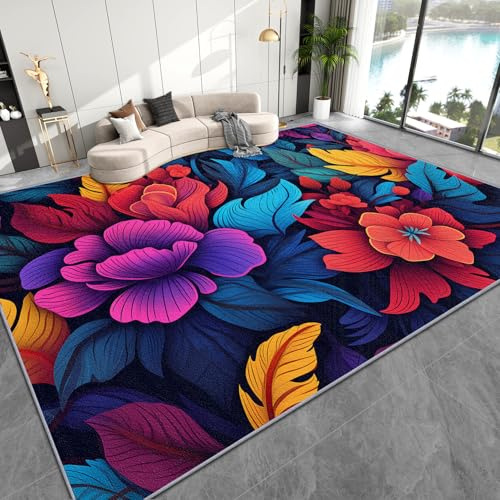 AevuCub Blumen Deko, Bunt Blumen Teppich 200x300 Kurzflor, Großer Teppich Wohnzimmer Vintage, Weich rutschfest Waschbare Teppiche, Bettvorleger Schlafzimmer Kinderzimmer