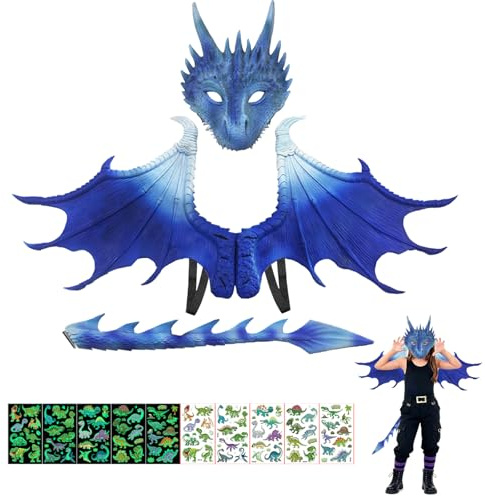 CWENDANER Set completo di costume da drago per bambini con ali 3D, maschera e coda, dinosauro gioco di ruolo, per ragazzi e ragazze, Halloween Carnevale Costume (blue)