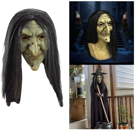 Generisch Horror Latex Hexenmaske mit Haaren, Hexen-Maske für Halloween, Latex Alte Frau Gesichtsmaske mit Haaren, Gruselige Horror-Kostümmaske, Alte Frau Kostüm, Halloween Grusel Maske (1)