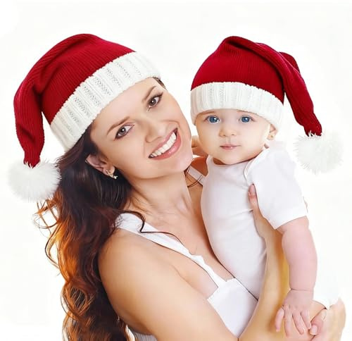 JIEBAO 2 Stück Weihnachtsmütze, Eltern-Kind-Weihnachtsmütze, Nikolausmützen mit Bommel warm weich für Erwachsene Kinder