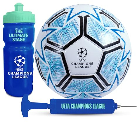 Hy-Pro UEFA Champions League, set regalo con licenza ufficiale, UCL, pallone da calcio taglia 5, pompa, bottiglia di plastica riutilizzabile da 500 ml, merchandising