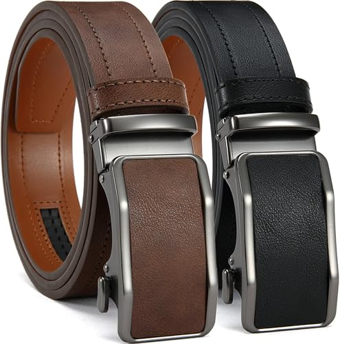 YOORAN Men’s Ratchet Leather Belt 2 Pack Trim to Fit Gift Box 1 3/8” Width | Micro Adjustable Belts for Men, for a Precision Fit, Business & Casual Wear, Textured Leather, 3 Styles & 5 Waist Sizes