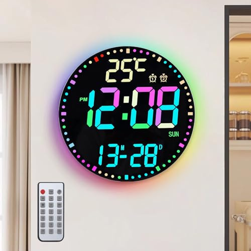 SUNOYA Digitale Wanduhr, 12 Wanduhr Digital mit Nachtlicht, Alarm, Fernbedienung, 12 RGB Farben, LED Uhr, Auto Helligkeit, Temperaturanzeige, Digitaluhr Uhr für Schlafzimmer Wohnzimmer Fitnessstudio