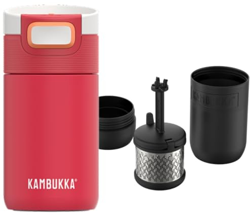 Kambukka Etna 300 ml – Caution: Hot – tasse isotherme en acier inoxydable, bouchon 3-en-1, Snapclean, étanche, sans BPA – couleur Coral Crush