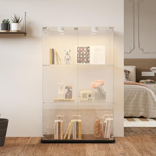 Glasvitrinskåp med LED, stående glasvitrinskåp, skåp med 2 dörrar och 3 våningar, vitrinskåp, glasskåp, samlarvitrinskåp för vardagsrum, kontor (svart – 2 dörrar, med randigt ljus)