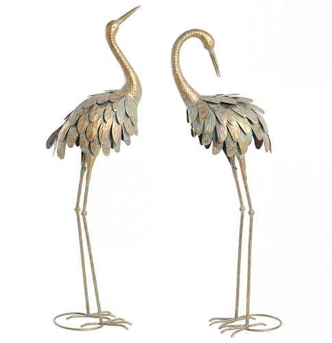 Outsunny Lot de 2 Statues de Jardin, Sculpture de Héron en Métal, Statues d'oiseaux 91/95cm, pour Cour, Étang, Terrasse, Or/Bleu
