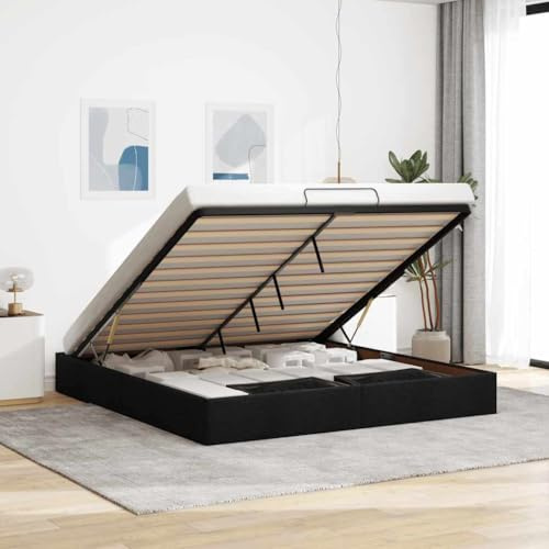 Ampio letto contenitore con meccanismo di sollevamento idraulico, spazio di archiviazione aggiuntivo sotto il letto, rivestimento in tessuto nero 200x200 cm per il massimo sfruttamento dello spazio