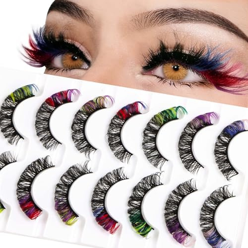 Kunstliche Wimpern Karneval,Farbige FalscheWimpern,Mixed Color wimpern Set,LD-Curl furParty,Cosplay Mottoparty Fasching Maskerade KostimeHalloween(7 Paare)