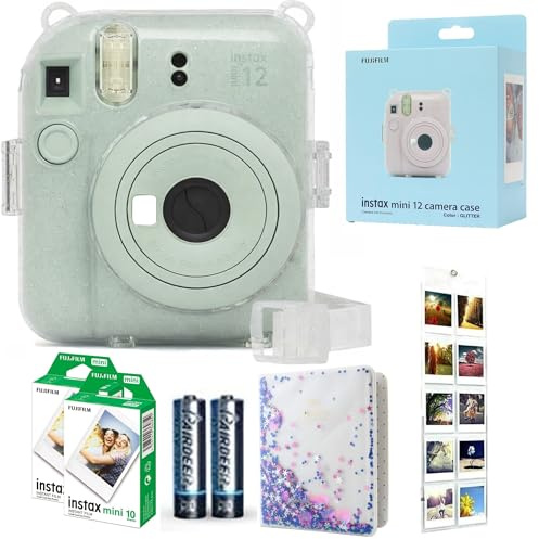 Fujifilm INSTAX Mini 12 Camera Mint Green id Bundle – Includes Mini 12 Green Camera, 20-Shot INSTAX Mini Film, Clear Glitter Camera Case, Photo Album & Hanging Wall Photo Display