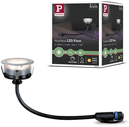 Paulmann 93953 Outdoor Plug&Shine Encastrés Sol LED 1W, IP65, 3000K, 24V, 70mm, Argent inoxydable, Plastique
