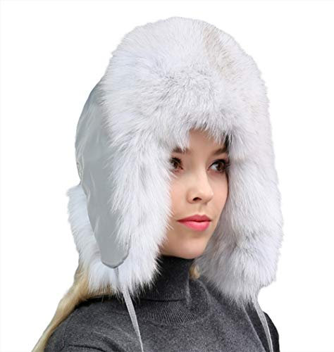 Insun Damen Fellmütze Pelzmütze Fliegermütze Wintermütze Faux Fuchs Fell Warm Weich Hut Weiß Grau 52-60cm