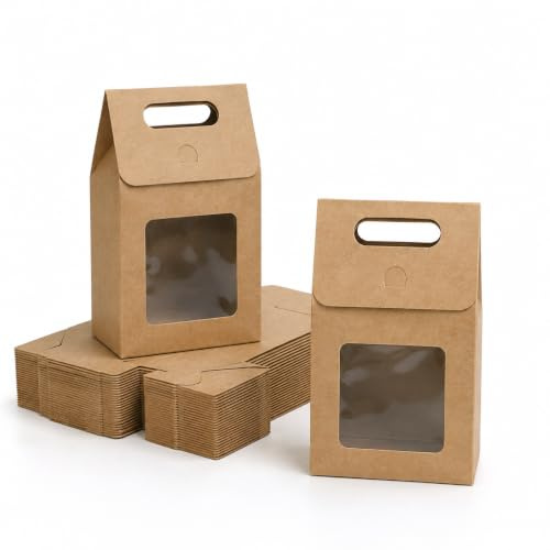 Emartbuy Kraftpapier-Geschenktüte, 19,5 x 13,5 x 8 cm, braun, Kraftpapier, mit Sichtfenster, 96 Stück