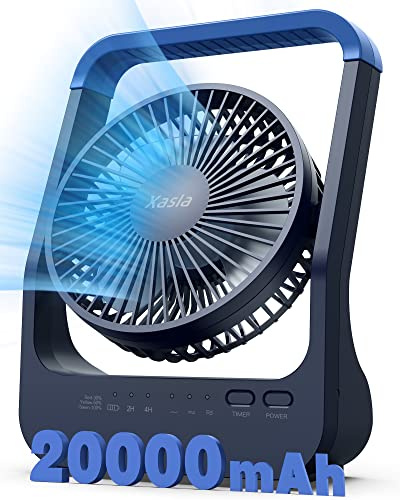 xasla Rechargeable Battery Operated Fan 20000mAh, Camping Fan for Tents, Portable Long Last USB Desk Fan for Hurricane Season,3 Speed, 360°Rotation,2/4 hours Timer