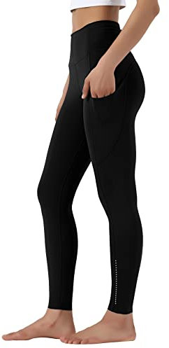 Leovqn Damen Sport Leggings Blickdicht Sporthose Hohe Taille Yoga Leggings mit Seitentaschen Dunkles Schwarz S