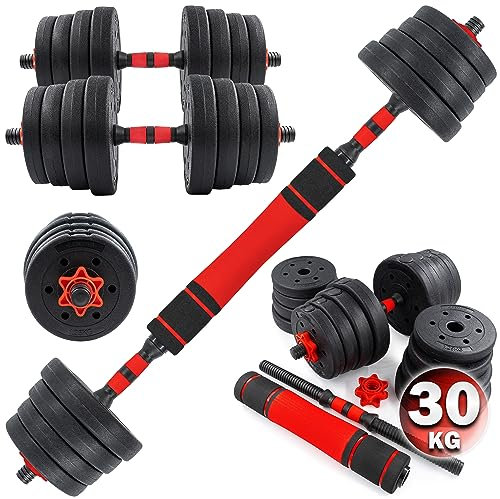 C.P. Sports 2in1 Kurzhantel & Langhantel Set 30kg / 40kg | Hantelscheiben – Gewichte – Hantelstangen | verstellbare Hanteln – Hantelset für Krafttraining, Fitness, Home Gym (rot-schwarz – 30kg Set)