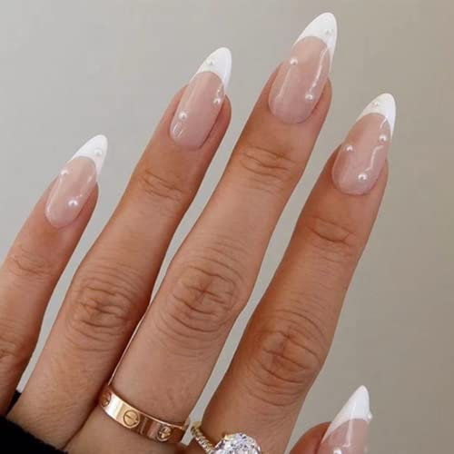 French False Nails, Press on Nails Medium Length, Acrylic White Tip Pearl Stick, 24pcs Almond False Nails with Glue Elegant Fake Nails for Women Girls (White Pearl)